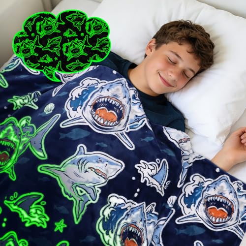 Image of Twin Blanket for Couch & Bed, Large Soft Warm Plush Fleece Shark Throw Blanket for Boys, Cute Funny Coastal Ocean Themed Decor for Bedroom Home Living Room, 60 inchx80 inch