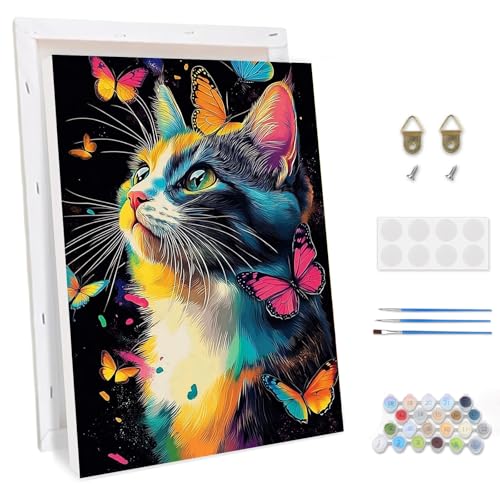 TOSTOG Peinture par Numéro Adulte avec Cadre Chat et papillon Peinture par Numéros pour Adulte Paint by Numbers Kit pour Décoration Murale et Cadeaux Pour...