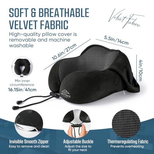 Image of SkytraxComf Travel Neck Pillow with Hood for Privacy on Long Flights | Memory Foam | Airplane Sleep | Safety-Tested Materials | Extra Large Hood | Chin Support | Earplugs | Washable Cover