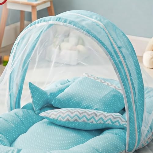 Image of BAYBEE Baby Bedding Set for New Born Baby, Bed Mattress with Mosquito Net & Neck Pillow, Sleeping Nest Travel, Infant Toddler Bed Set Gifts for Baby Boy Girl 0-6 Months (Blue)