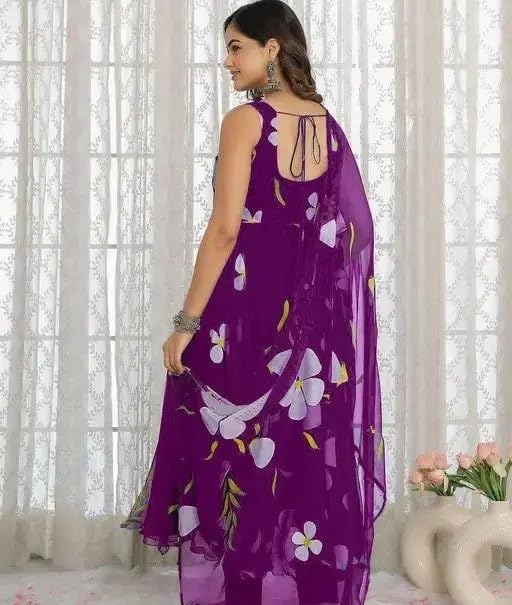 Image of DIGAMBARA Digital Floral Printed Georgette Anarkali Gown for Women, Ethnic Wear, Sleeveless, Fit and Flare Dresses with Dupatta for Womens and Girls, Purple
