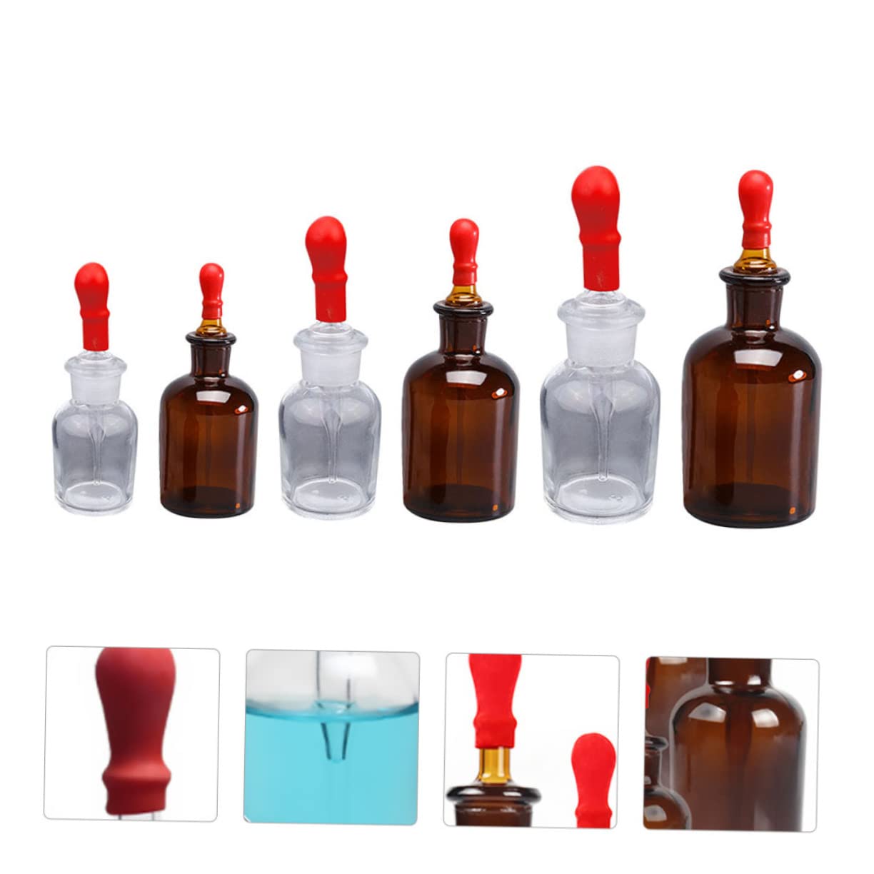 Botella de Reactivo Gotero de Vidrio 6 Unidades 30ml 60ml 125 Ml | Goma Cabezal, Formato Recargable, Tonos Marrón y Blanco, para Uso Doméstico y Aula