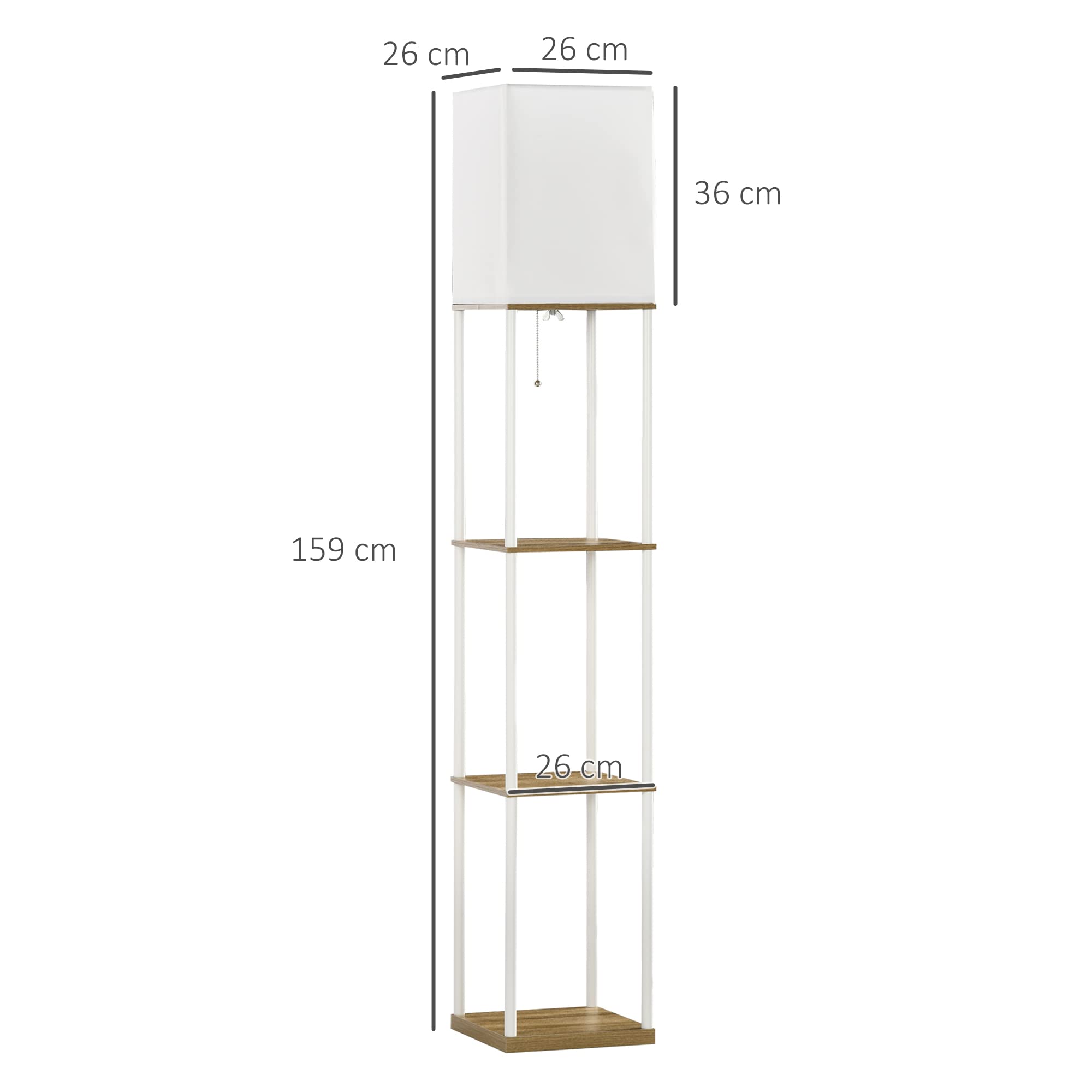 HOMCOM Lámpara de Pie Moderna con Estantes Lámpara de Pie para Salón Casquillo E27 Max. 40W con Pantalla de Tela e Interruptor para Dormitorio Oficina 26x26x159 cm Blanco