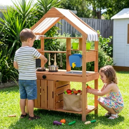 Image of OOOK Kids Mud Kitchen, Fir Wood Outdoor Play Kitchen with Water Sink | Toddler Outdoor Playset for Ages 3+, Canopy, Gardening Tools, Chalkboard, Flower Pot, Cookingware