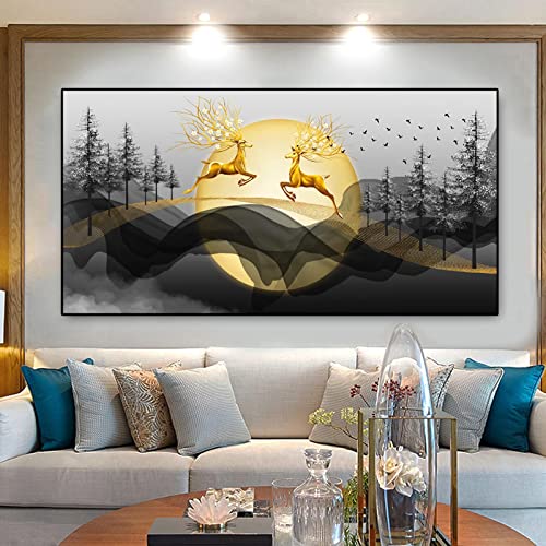 Impression toile élan paysage bleu et or 60x120cm art mural chic