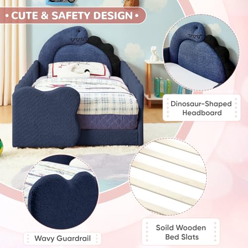 Image of Twin Size Kids Bed with Dinosaur Headboard, Upholstered Boucle Fabric Twin Daybed with Slats Support & Side Pocket, Space-Saving Wooden Corner Sofa Couch Day Bed Frame for Girl, Boy, Teenager(Blue)