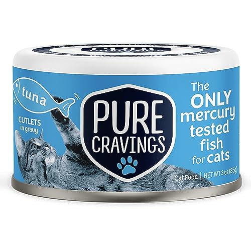 Image of Pure Cravings Wet Cat Food Canned Tuna Cutlets in Gravy, 100% Mercury-Tested, Moist Can Fish for Cats, Grain-Free, Protein, Non-GMO, Pack of 12