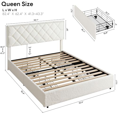 Image of LIKIMIO Queen Upholstered Bed Frame with 4 Storage Drawers, White Boucle | 41 inch /43 inch Height-Adjustable Headboard, With Under-Bed Drawers, No Box Spring Needed