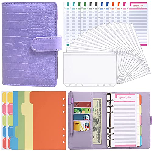 Cuaderno de Carpeta A6, Patrón de Cocodrilo con Tapas de Carpeta Bolsillo Transparente con Cremallera de PVC, Hojas de Presupuesto, Etiquetas Autoadhesivas (Morado) Cover