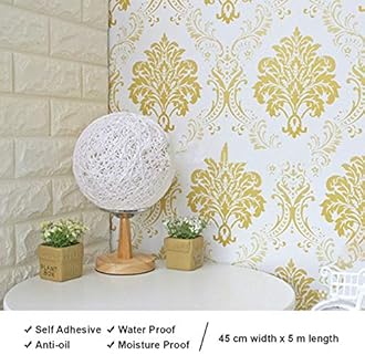 wolpin Floral Damask Self Adhesive Wallpaper (45 x 500 CM, Gold) | DIY Wall Sticker for Living Room, Hall, Sofa Background | PVC Peel & Stick Home Interior Decoration Sheet in Gold