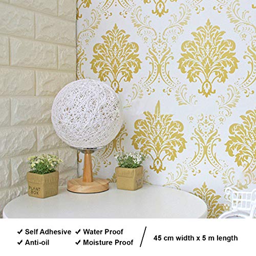wolpin Wall Stickers DIY Wallpaper (45 x 500 cm) Floral Damask Self Adhesive, Living Room, Hall, Sofa Background Decal, Gold