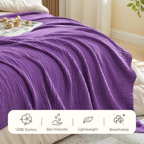Image of EMME Cooling Muslin Twin Blanket - Checkered Lightweight Summer Cotton Blankets of Rayon Derived from Bamboo for Hot Sleepers (Purple, 60 inchx80 inch)