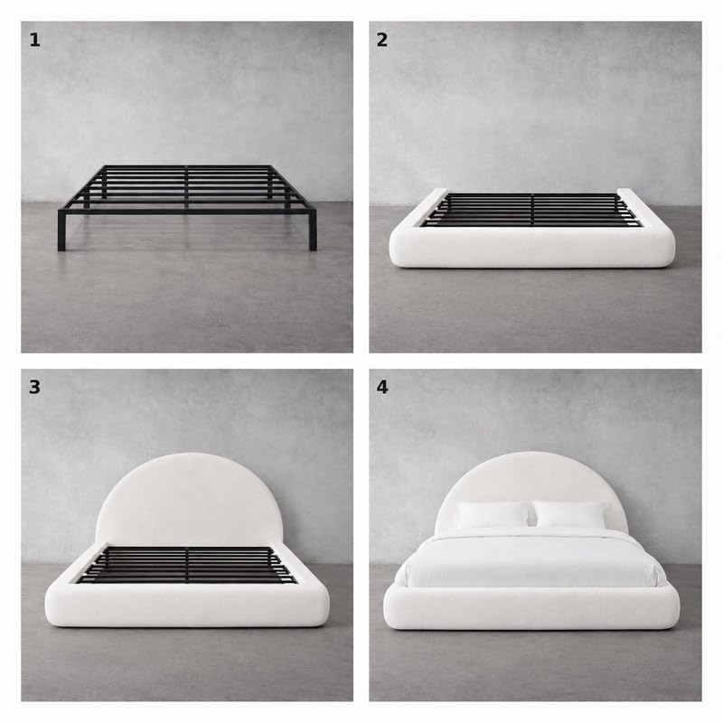 Image of New Round Bed Upholstered Bed Frame -Washable Zip Cover, Modular Minimalist Modern Design Soft Foam Platform Bed, Half Circle Sold Separately (Cream Linen, Queen Headboard)