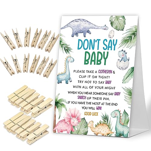 Don't Say Baby Game, Green Leaf Dinosaur Baby Shower Game Include Baby Shower Sign and 50 Pcs Mini Clothespins, Gender Neutral Baby Shower Decoration, Party Favors Supplies-LF31