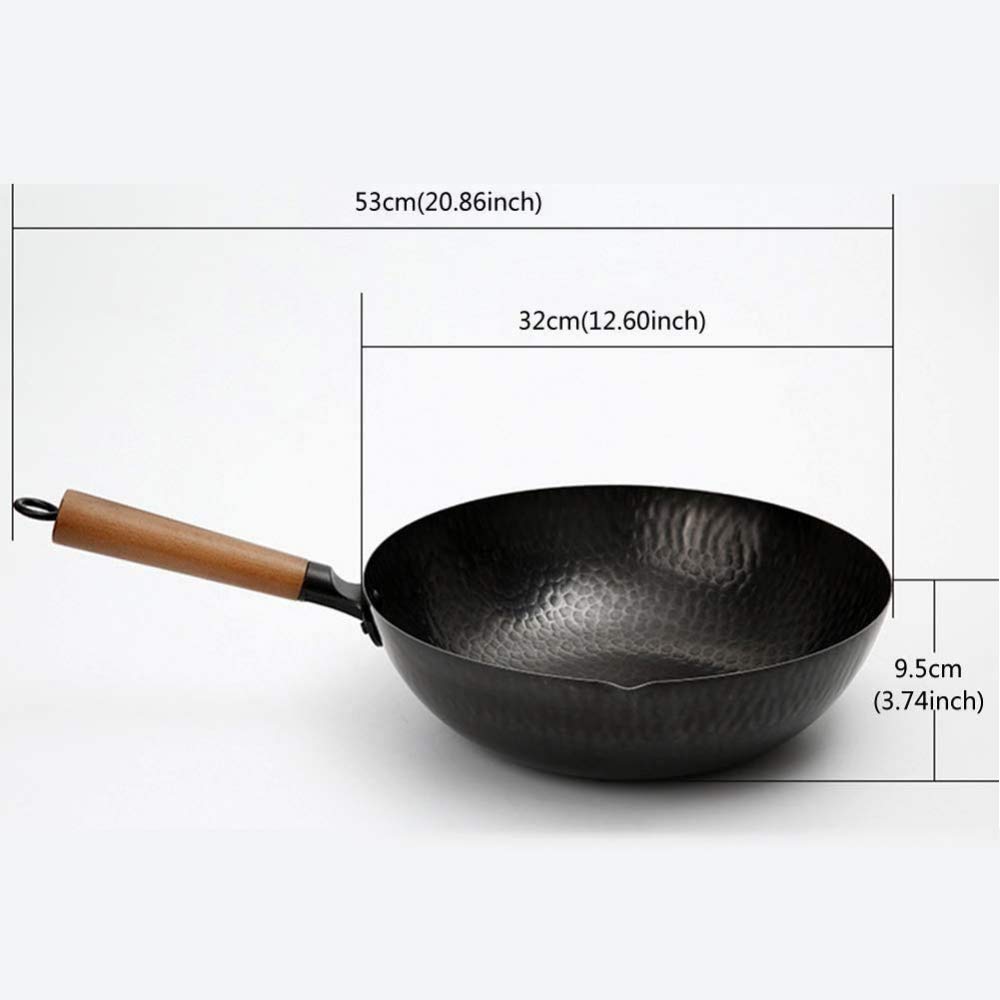 Handgehämmerter Eisen-Wok mit Holzdeckel, vorgebrannte Gusseisen-Bratpfanne zum Braten, Kochen und Frittieren
