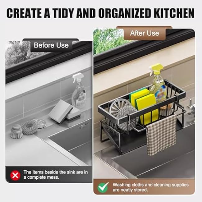 Sink Caddy with Auto Draining Tray Steel Kitchen Sink Organizer with Dish Cloth Hanger for Countertop Black
