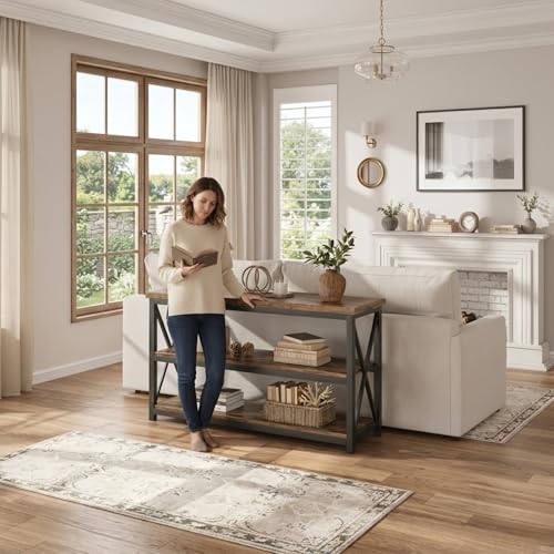 Image of 120 cm Entryway Console Table with Storage Shelves | 3-Tier Narrow Sofa Side for Hallway & Living Room | Metal Frame Rustic Brown Console Tables for entryway | Rustic Brown | 120x30x80 cm