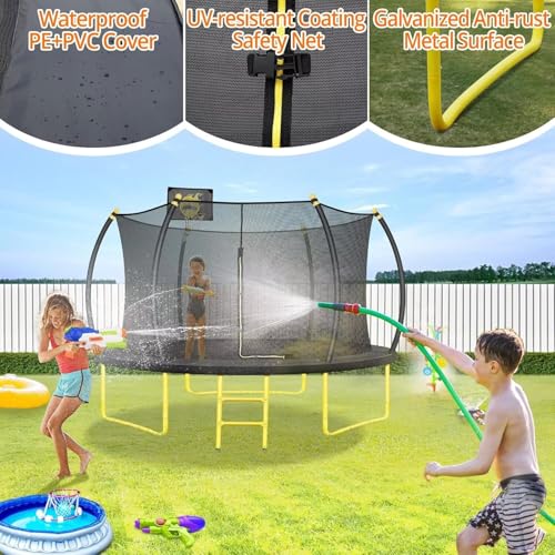 Image of 14FT Pumpkin Trampoline for Kids Adults, ASTM Approved Outdoor Recreational Trampoline with Basketball Hoop, Balance Bar and Enclosure Net, Yellow