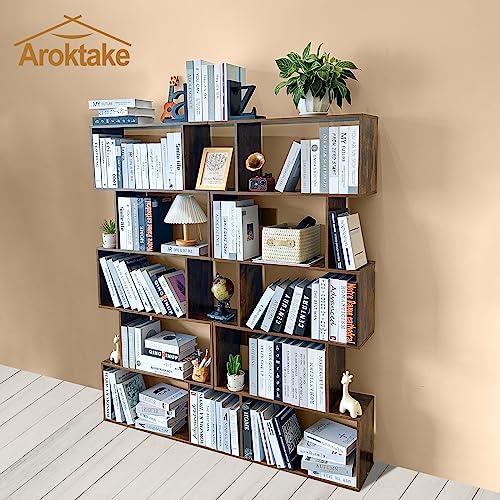 Aroktake 5-Tier Bookshelf, Geometric Bookcase With Anti-Tipping Device, S Shaped Book Shelves, Freestanding Decorative Storage Shelving For Living Room Home Office (Rustic Brown) #TOP6