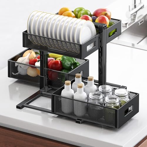 Image of Under Sink Organizer for Bathroom & Kitchen, Under Cabinet Storage Shelf, Bathroom Cabinet Organizer Vanity Drawer Pantry Organization, Multi-Purpose Under Sink Slide Out Storage Shelf