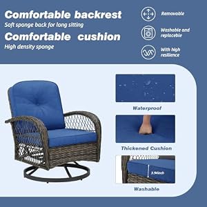 EROMMY 3 Pieces Outdoor Swivel Rocker Patio Chairs 360 Degree Rocking Patio Conversation Set with Thickened Cushions and Glass Coffee Table for Backyard Navy Blue
