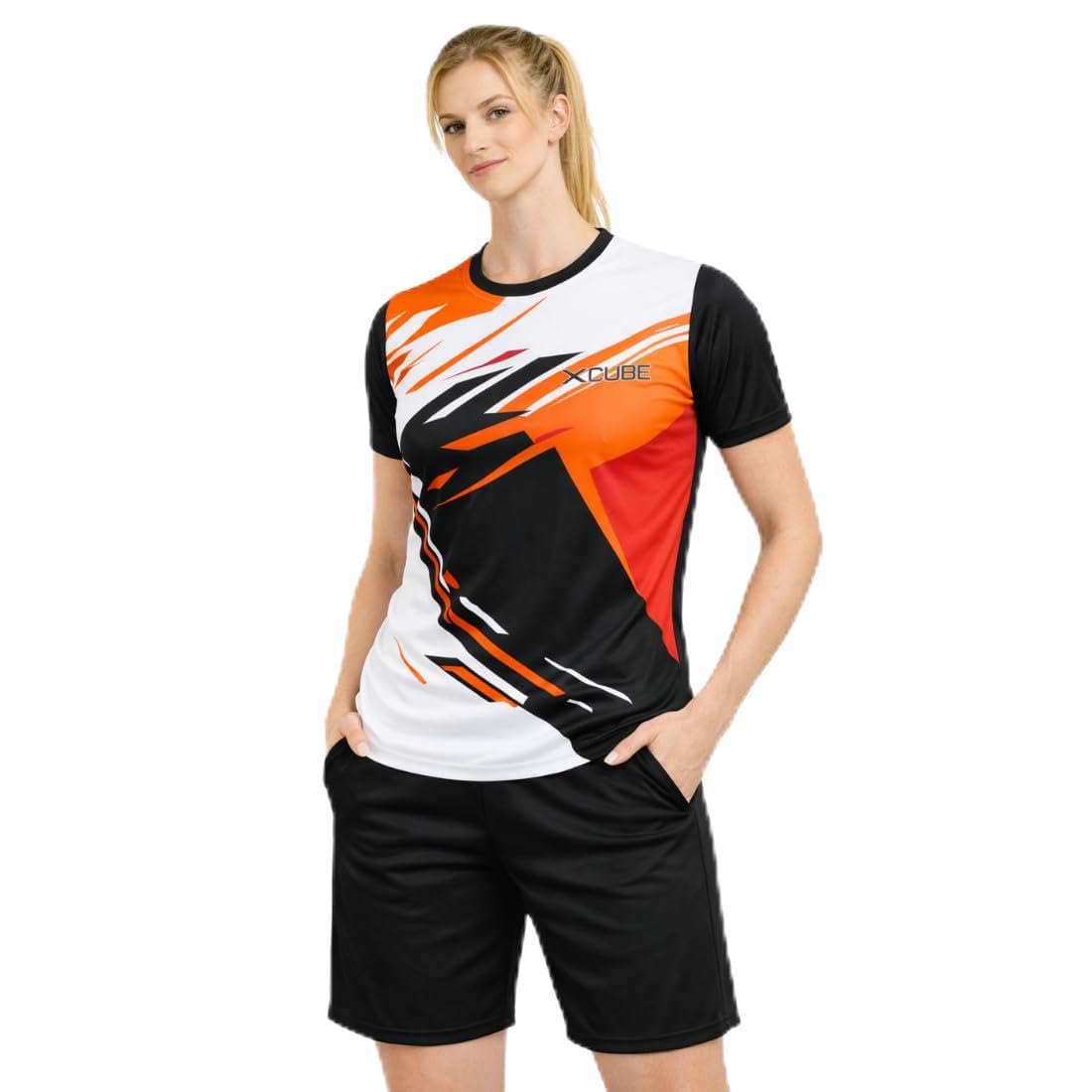 xcube Athletic Jersey Set, Women's Sports T-Shirt with Shorts, Black and Orange Design, Gym & Sportswear-picture-48
