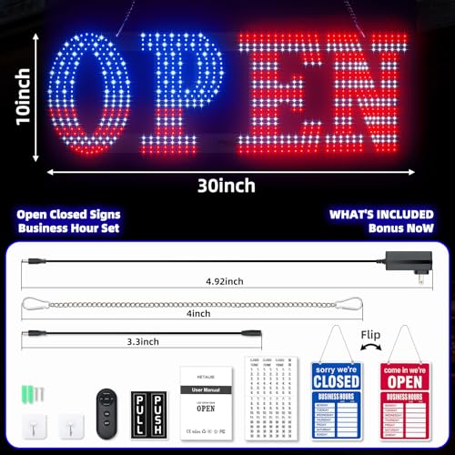 Image of LED Open Signs for Business, HETAIJIE 30 inch x 10 inch Large super Bright LED open Sign, Dimmable US Flag Design Storefront Display, 12 Modes Flashing for Shop Bar Cafes Window (High Brightness)