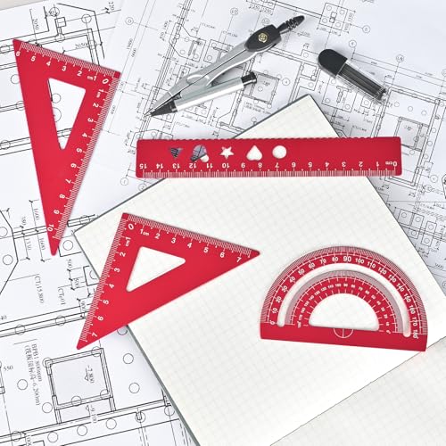 Valtiner Conjunto geométrico, 4 réguas de liga de alumínio e 1 kit de bússola matemática, transferid