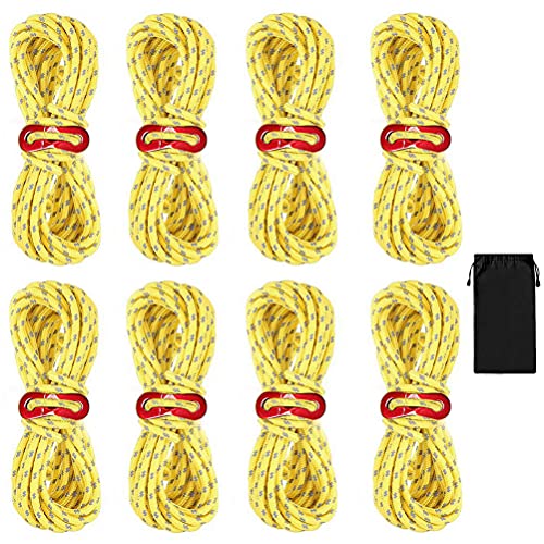 8 Stück Abspannseile Camping 4MM x 4M Zeltschnur Reflektierend Spannschnur mit Aluminium Seilspanner Spannseile Leuchtend Sturmband für Zelt Camping Wandern (Gelb)