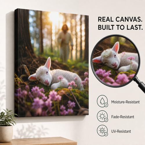Image of Jesus and Lamb Canvas Wall Art Jesus Runs for the Lost Sheep In Spring Forest Picture Wall Art Canvas Print Christian Home Decor 24x30 inch