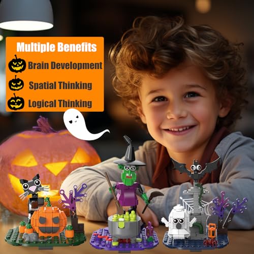 Image of Halloween Building Blocks Set - Pumpkin Ghosts Witch Cat Grave Kit, Party Favors Gift Ornament for Kids