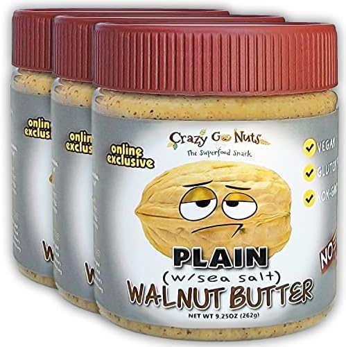 Crazy Go Nuts Walnut Butter - Plain w/ Sea Salt - Healthy Snacks, Keto, Vegan, Low Carb, Gluten Free, Superfood - Natural, Non-GMO, ALA, Omega 3 Fatty Acids, Good Fats and Antioxidants - 9.25 oz (3-Pack)