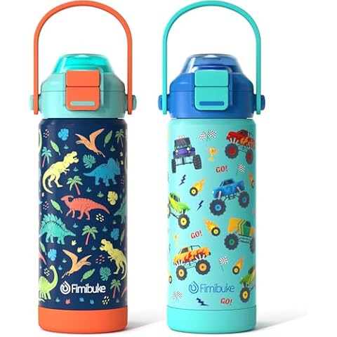 Fimibuke Kids Insulated Water Bottle with Pop-Open Straw & Spout 2-in-1 Lid, 18oz Leak Proof 18/8 Stainless Steel Vacuum Tumbler, BPA-Free Kids Cup For Travel School Boys Girls 2Packs Cover