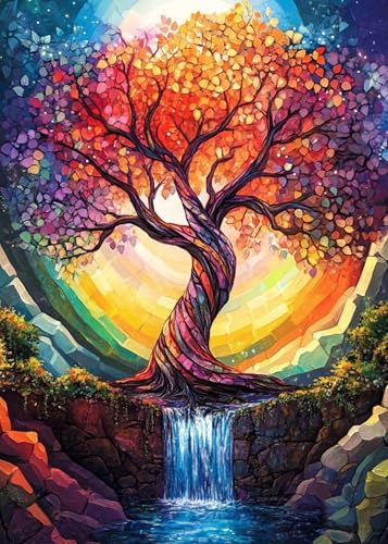 Image of SANYUN Tree of Life Diamond Painting Kits for Adults,Abstract Scenery Full Drill Diamond Art Kits for Beginners,12x16inch Colorful Diamond Dot Art Waterfall for Holiday Gift and Wall Decor