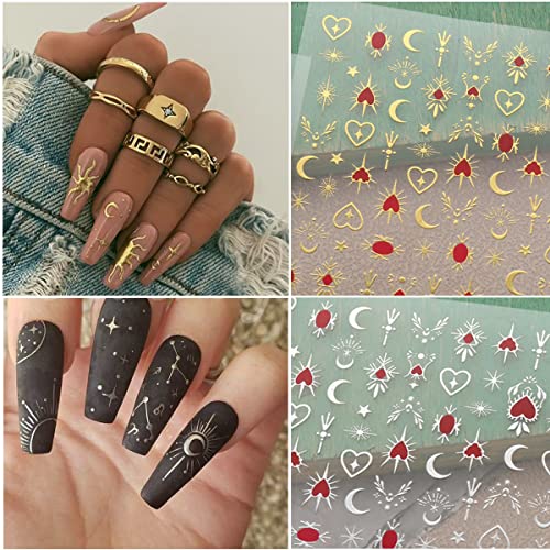 6 Sheets Vintage Sun Star Nail Art Stickers Metallic Nail Decals Nail Art Supplies Gold Rose Sliver Stars Moon Nail Art Design Sticker Adhesive Sliders Diy Manicure Nail Art Decorations For Women #TOP3