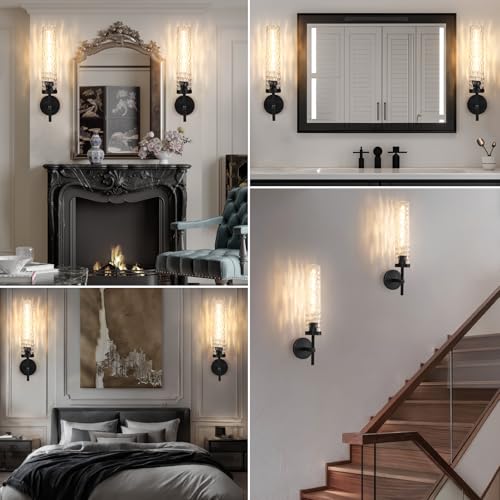 Image of Brass Knurled Bathroom Sconces Set of 2, 19.5 Inch Black Vanity Light Fixtures with Water Ripple Glass Tube Modern Wall Lamp for Bathroom Mirror Bedroom Living Room Hallway