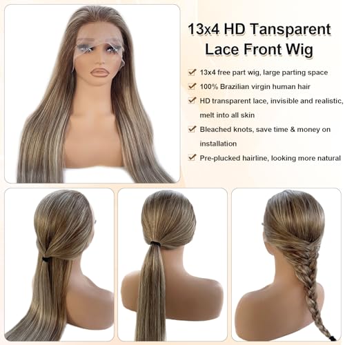 Image of Ombre Brown with Ash Blonde Highlight Lace Front Wig Human Hair for White Women 22 Inch Brazilian Real Remy Hair Ready to Go Glueless Wigs 13x4 Lace Frontal Pre Plucked Bleached Knots
