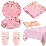 Partygeschirr Kindergeburtstag, 126 Stück Golden Dot Partyteller Set Enthält Pappteller,25-Unzen-Tassen, Tischdecke, für Jungen Geburtstag, Hochzeit, Jubiläums, 25 Gäste (Rosa)
