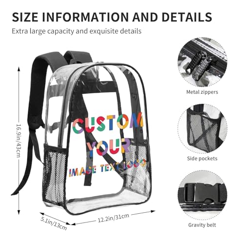 Custom Clear Backpack, Personalized Transparent Backpack with Your Name Logo Photo Text, Customized See Through Bookbag Gift for Work Travel Sport Camping Hiking, Unisex 16in2