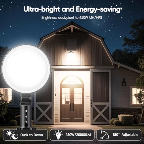 MOONTIP 150W 20000LM LED Barn Lights Outdoor, Dusk to Dawn Outdoor Lighting with 150° Adjustable Pole Light 6500K Flood Light, Yard Lights IP66 Waterproof Area Street Light for Garage Warehouse