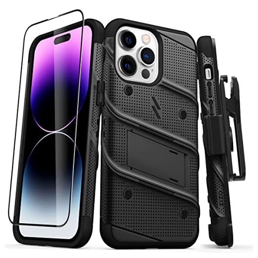 ZIZO Bolt Bundle for iPhone 14 Pro Max (6.7) Case with Screen Protector Kickstand Holster Lanyard - Black