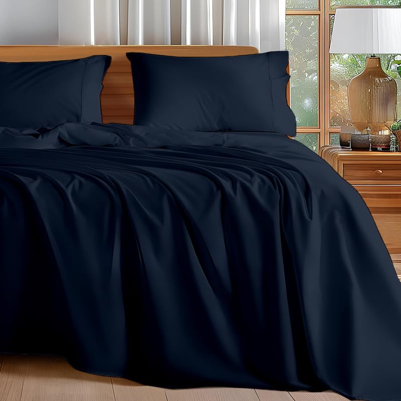 Image of Microfiber Single Bed Sheet - Solid Color, Ultra-Soft Bedsheet for Bedroom, Lightweight Plain Bedsheet for Single Bed 60x90 Inch, Navy Blue