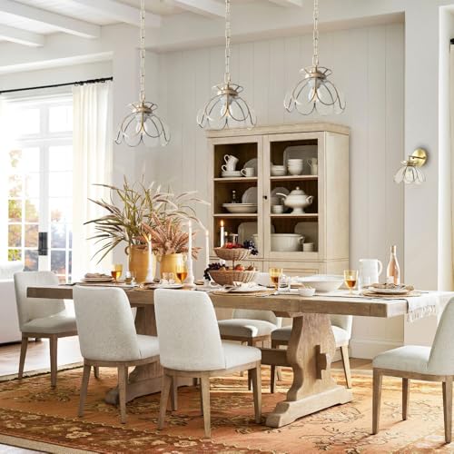 Image of Brass Glass Ceiling Pendant Light, Hanging Chain lamp, with Vintage Lotus Flower Clear Glass Shade for Kitchen Island Dining Room Bedroom Living Room-7.9 inch Shade