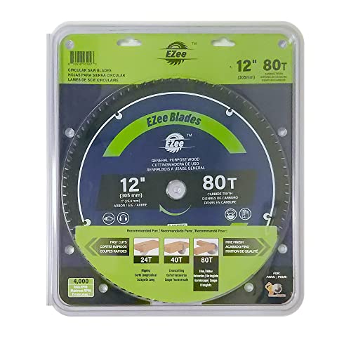 Ezee Circular Saw Blades 12 Inch 80 Tooth With 1" Arbor, Atb, Tct(Tungsten Carbide-Tipped) 12 Miter Saw Blades For Various Wood Cutting,Thin Kerf, Woodworking, Saw Blade, Replacement Blade For Miter Saw/Table Saw Cs12-80Tf(1Pack) #TOP7