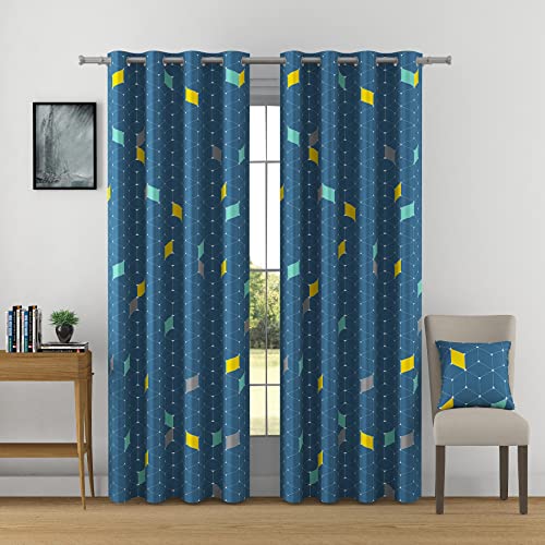 Image of Swayam 90% Blackout Polyester Long Door Curtain for Living Room & Bedroom | 9 Feet | Room Darkening Curtain with Eyelets | Pack of 2 | Geometric Design - Blue
