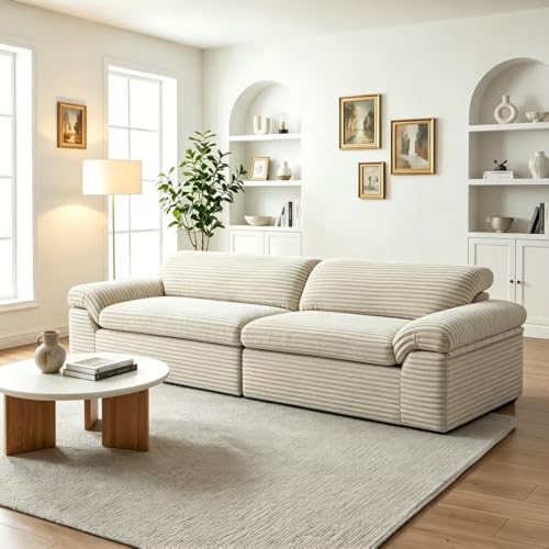 Vesgantti 260cm 3-Sitzer Boneless Sofa, Cloud Cord Sofa mit 64 cm Sitztiefe, Weiches Vollschaum Couch für Wohnzimmer, Modulares Sofa mit Geschwungenen Armlehnen, Keine Montage erforderlich, Beige