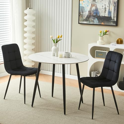 Juego de mesa de comedor redonda de piedra sinterizada con sillas acolchadas de terciopelo, mesa de cocina de mármol blanco y sillas negras para 4 personas, 90 cm de diámetro