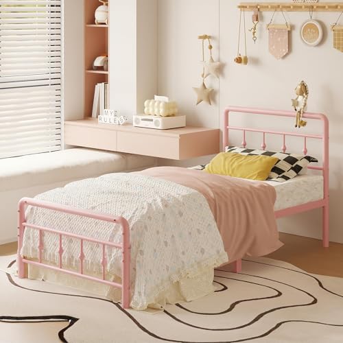 Image of Richwanone 14 inch Twin Bed Frame with Headboard and Footboard, Heavy Duty Metal Bed Frame Victorian Style, No Box Spring Needed, Easy Assembly, Pink