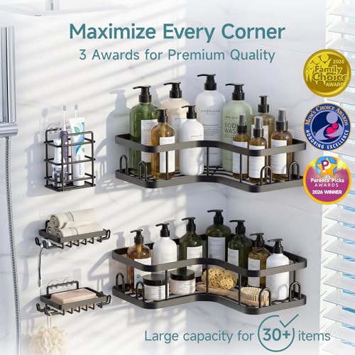 Image of Veken Large Capacity Corner Shower Caddy 5-Pack, Advanced Rustproof Design | No Drilling Adhesive Shelves, Rack with Soap Holder & Hooks, Thickened Metal Frame, Bathroom Organizers and Storage, Black