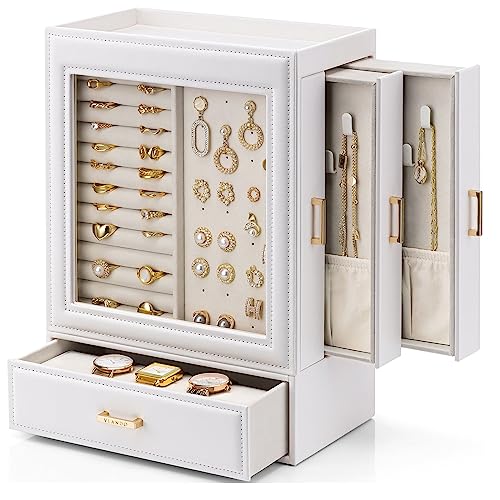 Vlando Large Jewelry Organizer with Glass Window Jewelry Box for Necklaces Earrings Rings Bracelets Watches Jewelry Storage Case Gift for Women Girls (White)